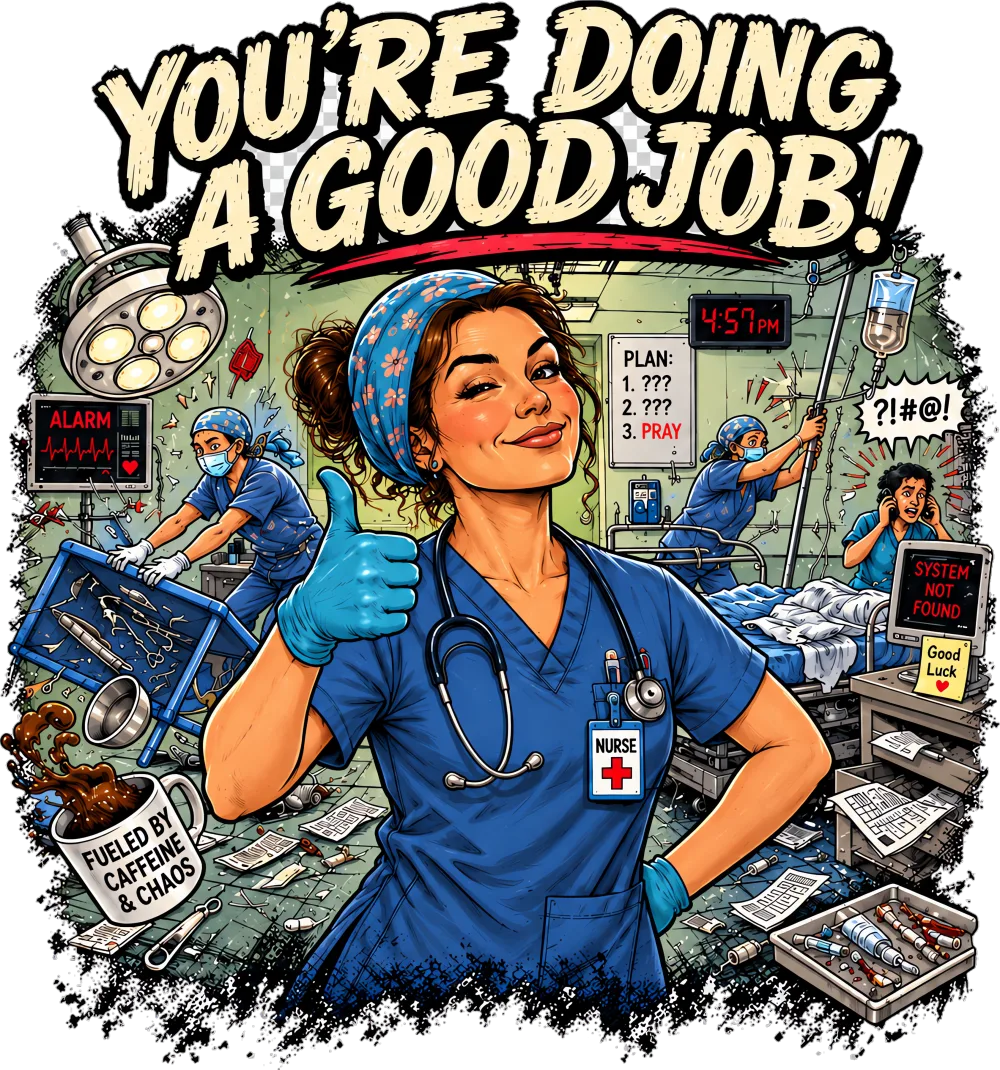 You're Doing a Good Job print, a nurse giving a thumbs-up in a chaotic operating room